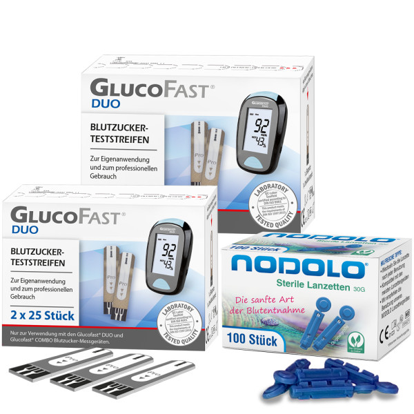 Glucofast Duo Blutzucker-Teststreifen - 4 x 25 Stück (100 Stück) + 100 Nodolo Lanzetten