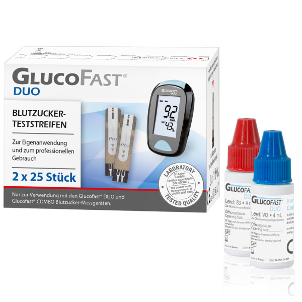 Glucofast Duo Blutzucker-Teststreifen - 2 x 25 Stück + Kontrollösung