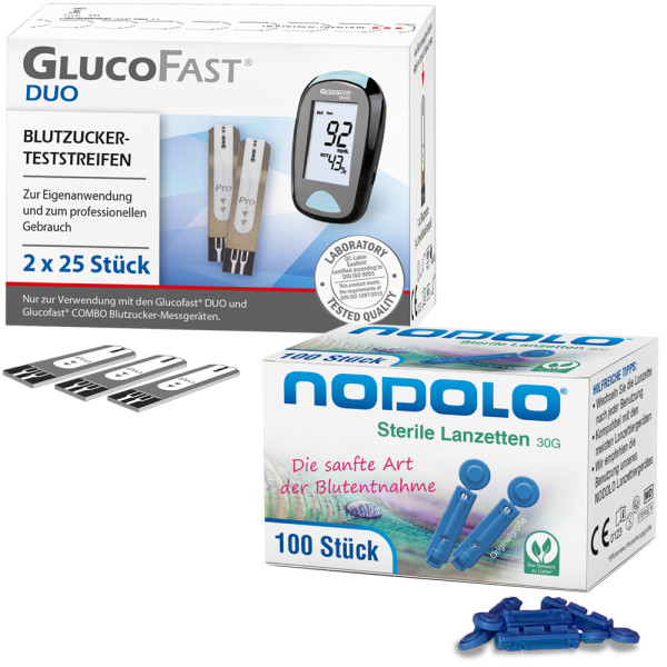 Glucofast Duo Blutzucker-Teststreifen - 2 x 25 Stück + 100 Nodolo Lanzetten